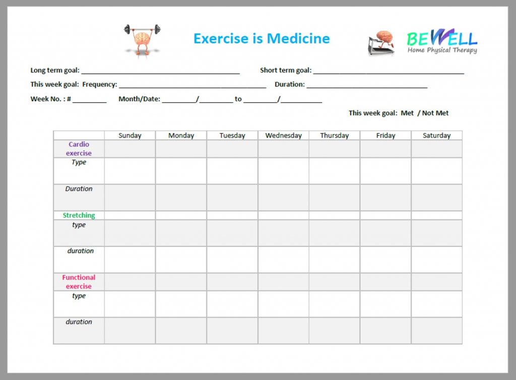 Weekly table for physical therapy exercises